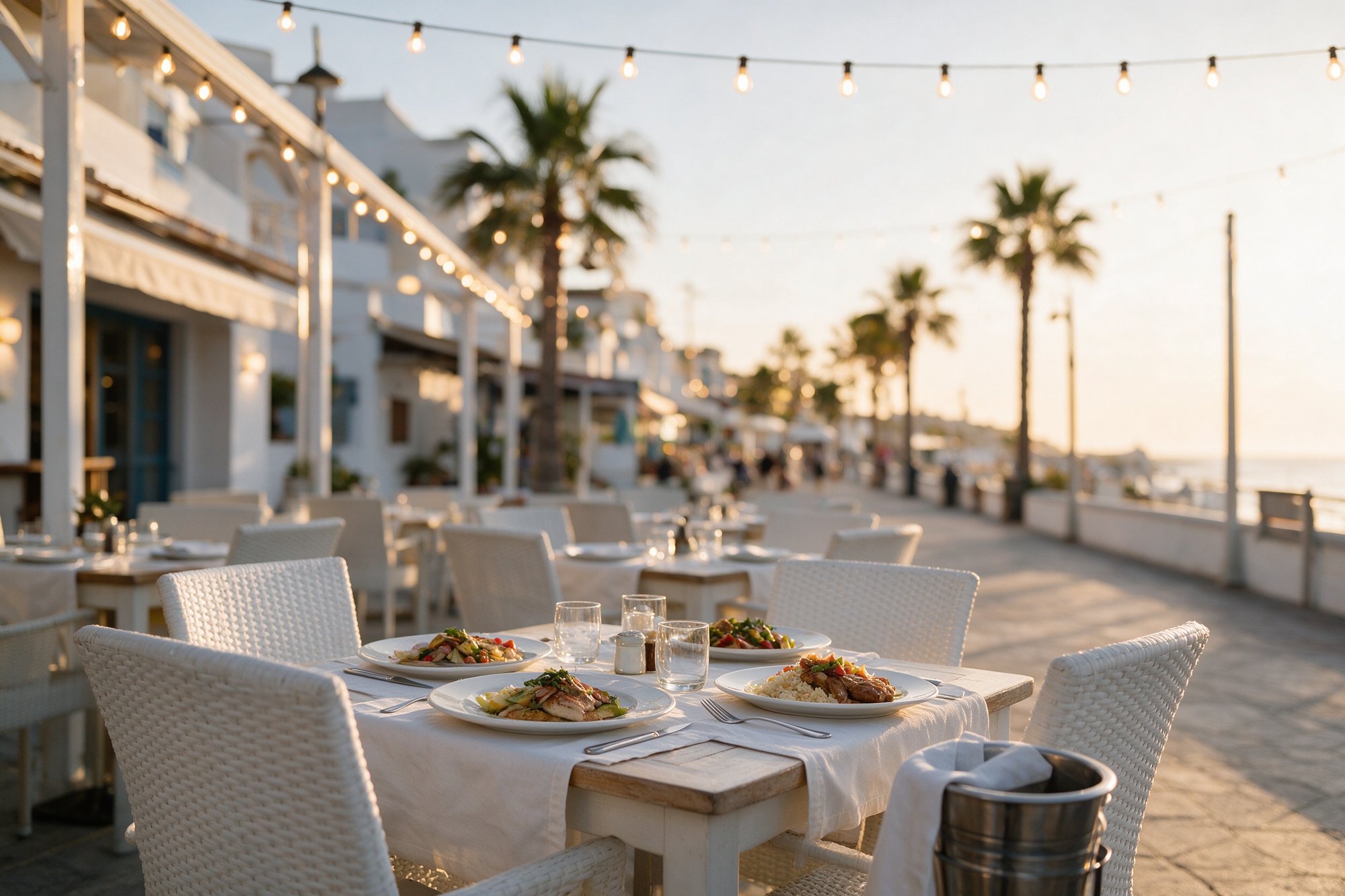 Terraza exterior del restaurante con mesas vestidas y luz dorada de tarde