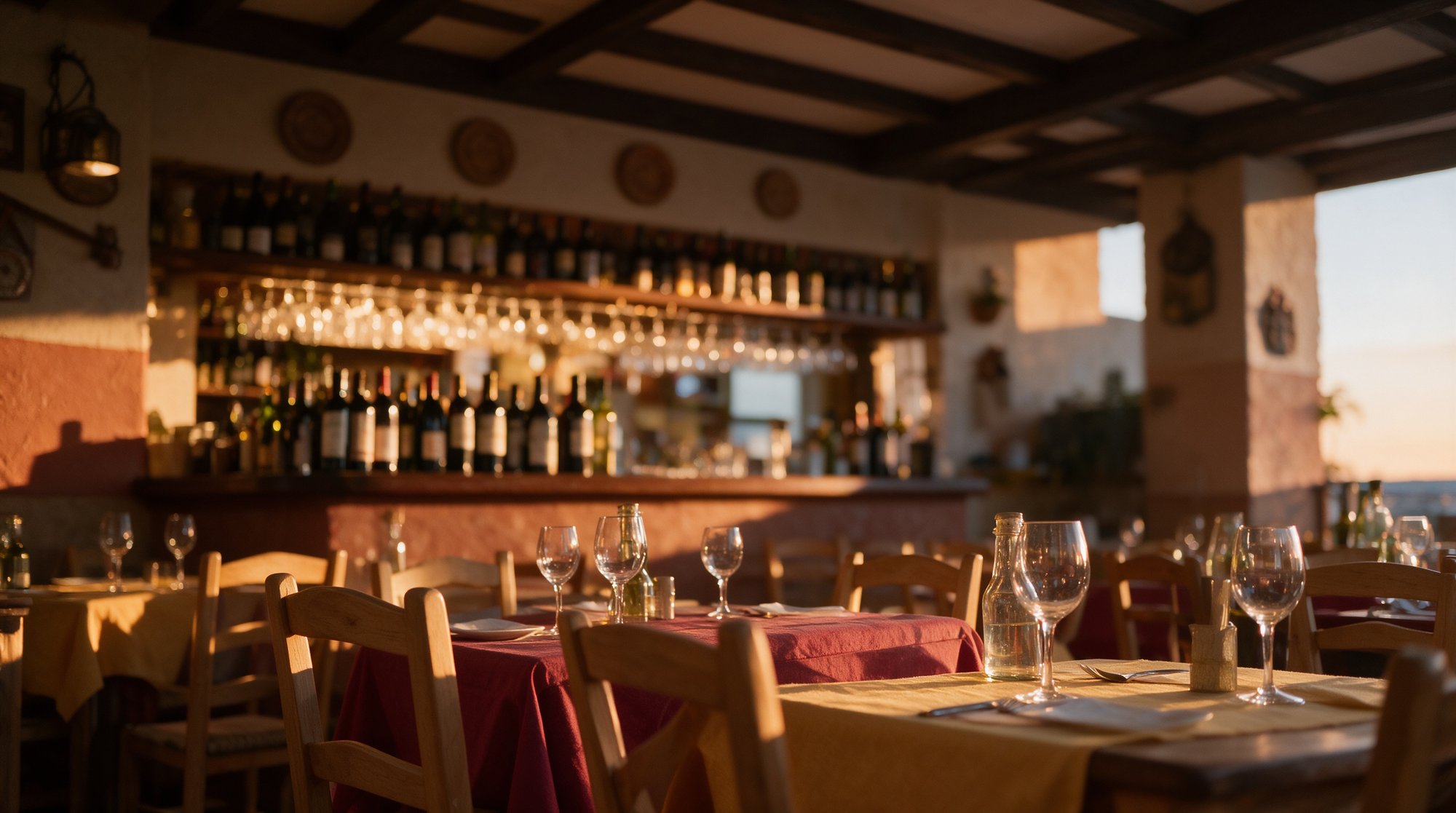 Comedor cálido del restaurante con mesas de madera, botellas y luz tenue