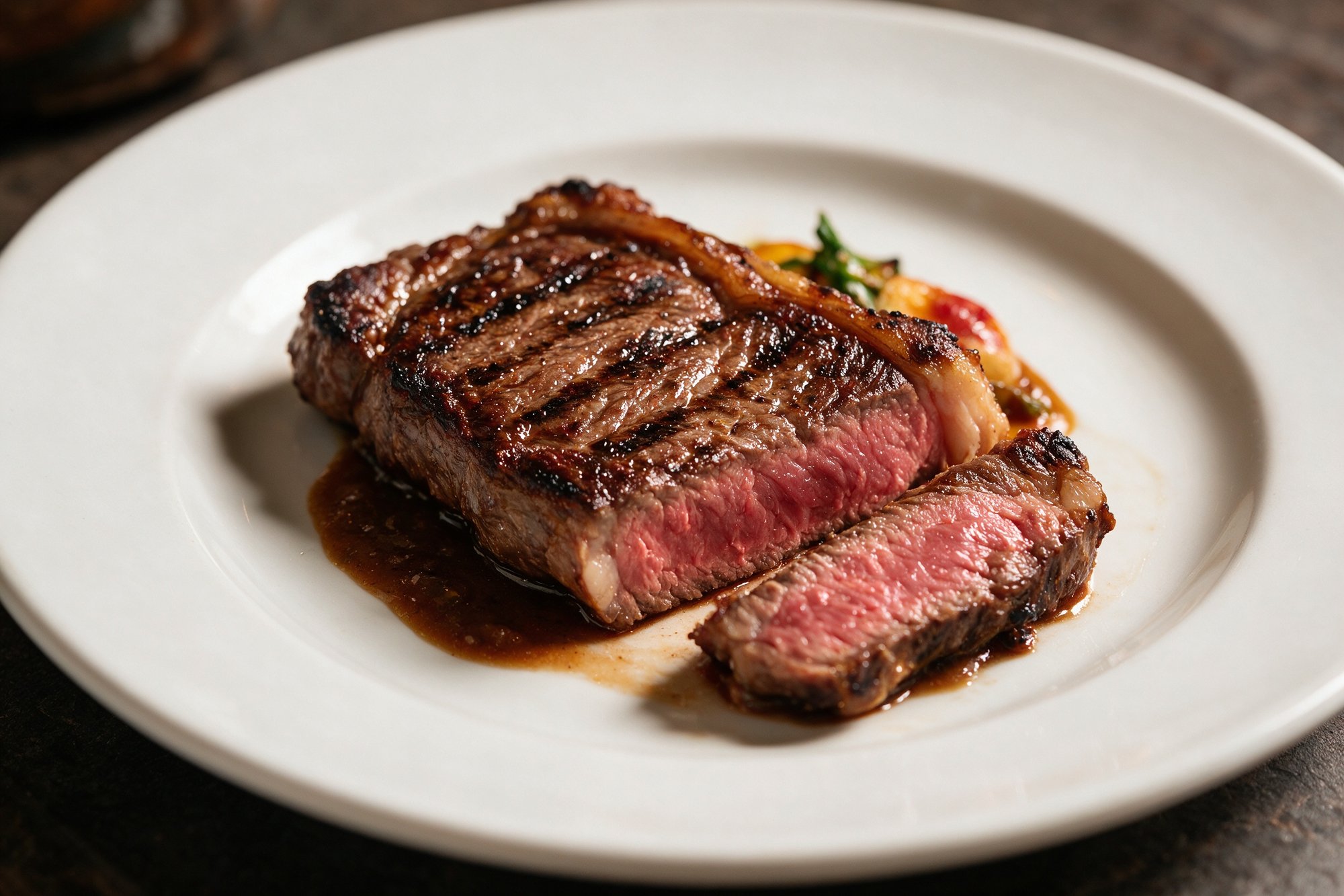 Solomillo a la parrilla con marca de brasa y salsa, en plato cálido