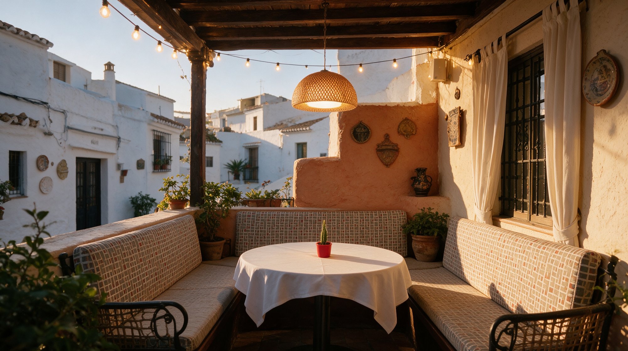 Terraza de restaurante andaluz al atardecer con mesas de madera y luces cálidas en La Cala de Mijas